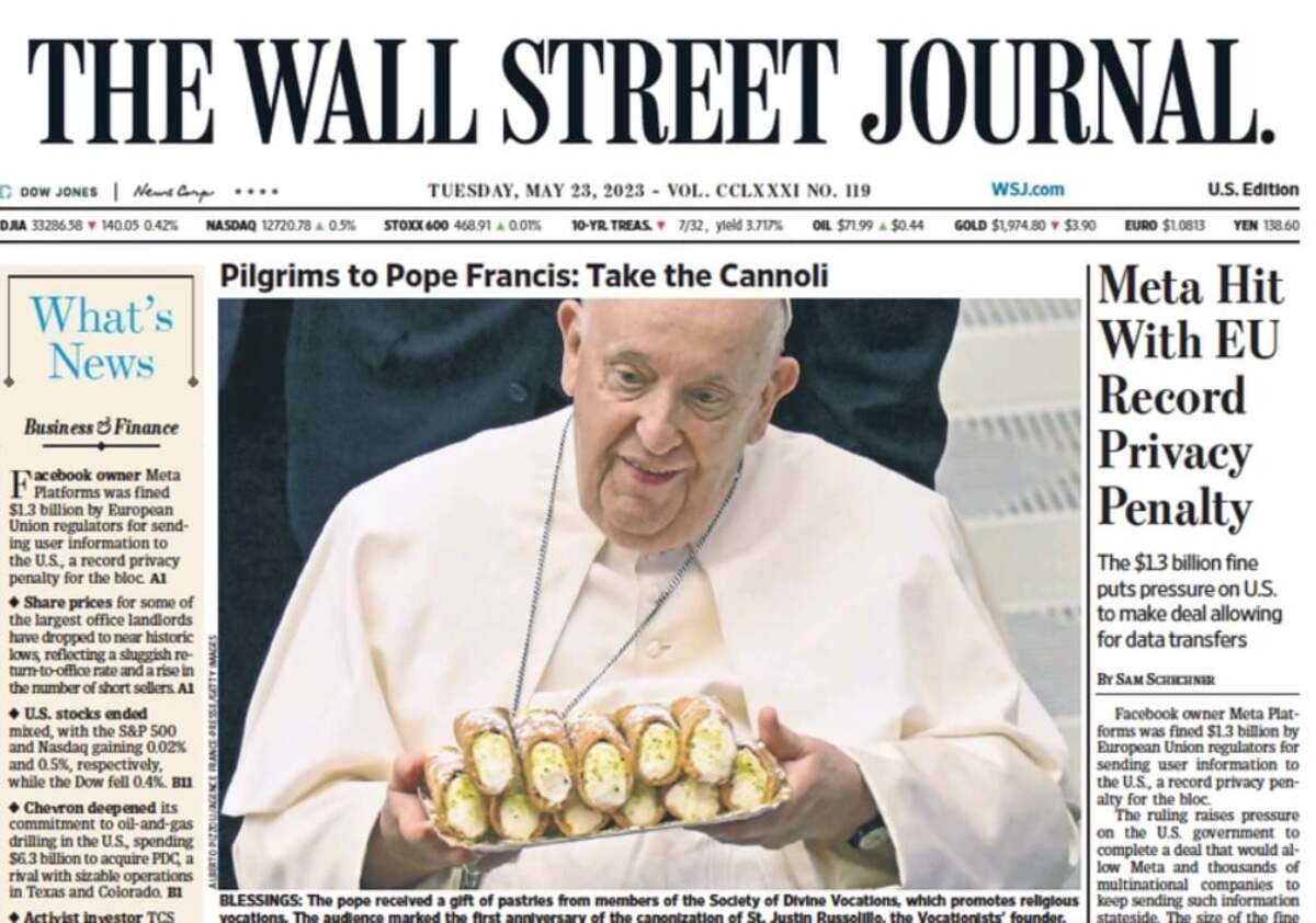 Anche il Papa mangia cannoli siciliani, è in prima pagina sul Wall Street Journal