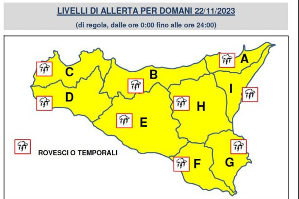 Temporali in Sicilia, scatta l'allerta meteo gialla della protezione civile Arriva il maltempo sulla Sicilia e domani, 22 novembre, sarà allerta gialla come confermato da un bollettino del Dipartimento regionale di Protezione Civile.