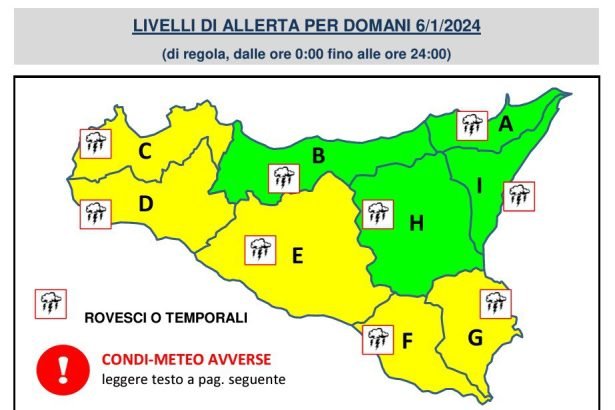 La Protezione Civile ha diramato un'allerta meteo gialla per il 6 gennaio in Sicilia: previste piogge intense, temporali, venti forti e mareggiate