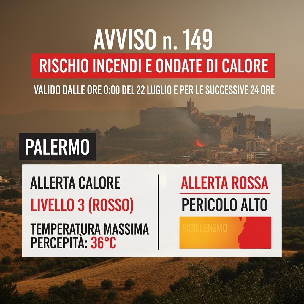 La Protezione civile regionale ha pubblicato oggi l’avviso n.149 per rischio incendi e ondate di calore, valido dalle 0.00 del 22 luglio e per le successive 24 ore.