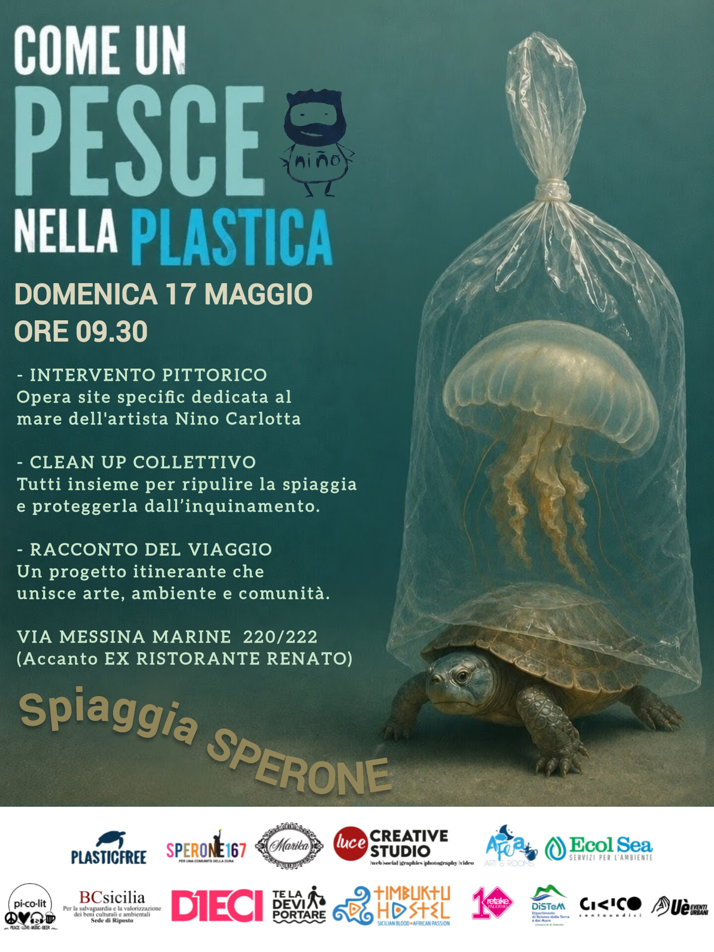 Il litorale siciliano si prepara a diventare il palcoscenico di un racconto itinerante che intreccia arte, impegno civile e amore per il mare. Il tutto avrà inizio il 17 maggio a Palermo, quando l’artista Nino Carlotta darà il primo colpo di pennello al suo nuovo progetto: “Come un pesce nella plastica”. Non si tratta della classica iniziativa di street art fine a se stessa, ma di una vera e propria circumnavigazione artistica dell’isola. Carlotta, artista da sempre attento alle dinamiche sociali, ha deciso di autoprodurre un viaggio che attraverserà l’intero litorale siciliano, seguendo un percorso circolare che lo porterà a dialogare con i paesaggi costieri e le comunità locali con l’obiettivo di utilizzare l’arte pubblica come megafono per denunciare l’inquinamento da plastica che soffoca i nostri ecosistemi. Il cuore pulsante dell'iniziativa batte nel quartiere Sperone, in via Messina Marine, e proprio da qui partirà la prima pittura dedicata alla fauna marina, con i volontari di Plastic Free, Retake e altre organizzazioni contribuiranno alla pulizia collettiva della battigia.