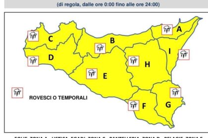 Allerta gialla proclamata dalla protezione civile per la giornata di domani in tutta la Sicilia.
