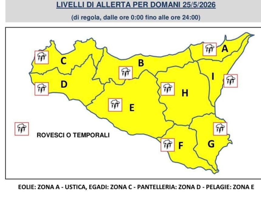 Allerta gialla proclamata dalla protezione civile per la giornata di domani in tutta la Sicilia.